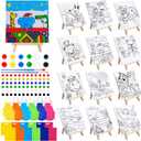 Tenceur 48 Pcs Kids Paint Party Favors Sets with 12 Pcs Animals Pre Drawn Canvas Panel and Wooden Easel Set Paint Pots and Brushes 12 Mini Apron and Tote Bag for Kids Boys Student Girls