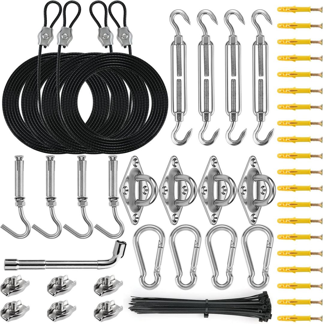 Sun Shade Sail Hardware Kit with 4pcs 10ft Length Extension Nylon Wire Rope, Triangle Rectangle Shade Canopy, 304 Stainless Steel, Garden Outdoors