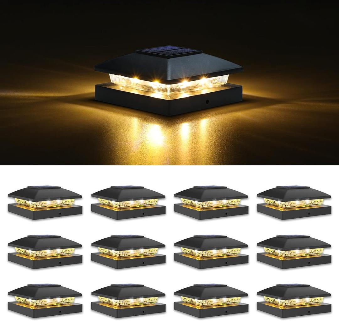 VOLISUN 4x4 Solar Post Cap Light 12pack,Solar Fence - Post Lights Outdoor Waterproof for Wooden/Vinyl Post,Black Deck Post Cap Light Solar Powered with Warm White for Garden/Patio/Porch