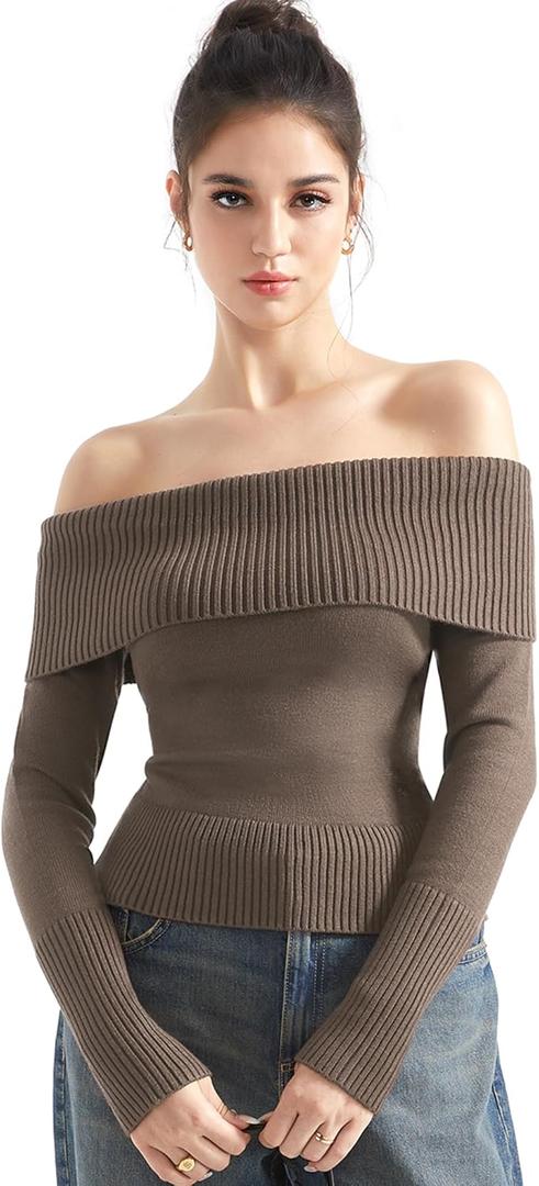 SUUKSESS Women Off Shoulder Sweaters Long Sleeve Ribbed Knit Going Out Fall Tops Blouse (X-Small, Khaki)