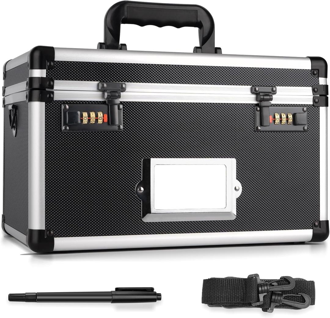 15 x 8.7 x 10 Inch Lockable Storage Box with Combination Lock, Portable Safe for Documents, Medicine, Cash & Valuables, Medicine Lock Box with Label Slot for Home, Office & Travel - Black