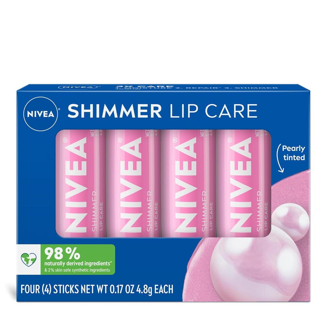 NIVEA Shimmer Lip Care, Shimmery Lip Balm Pack with Shea Butter, Nourishing Oils and Vitamin C & E, 3-in-1 Moisture, Repair and Shimmer, 0.17 Oz Stick, Pack of 4 (0.17 Ounce (Pack of 4))