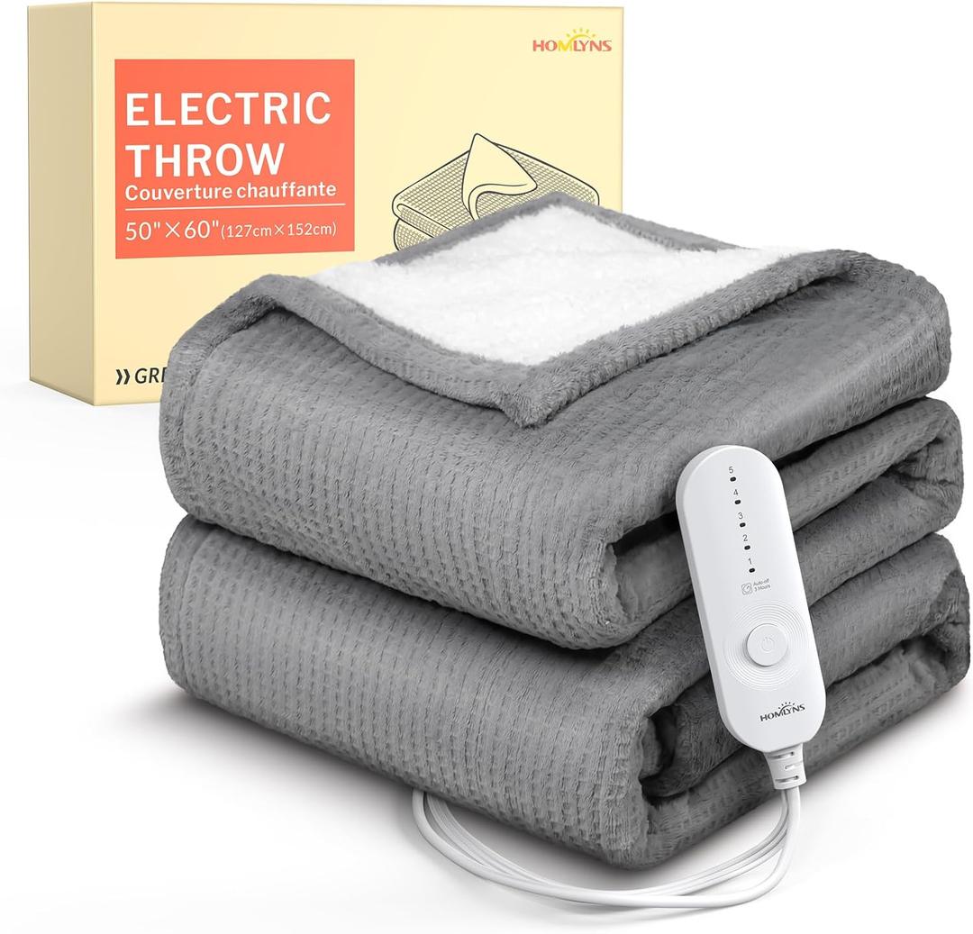 HOMLYNS LuxeHeat Heated Blanket Throw, Soft Flannel Sherpa, Electric Blanket 5 Heat Settings, Fast Heating, Heating Throw Blanket 3 Hours Timer Auto Shut Off, Machine Washable, 50x60 Inches, Grey