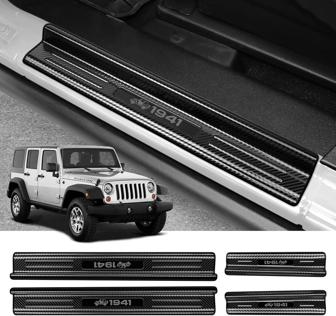 ZZEQYG 4 Pcs Stainless Steel Door Sill Protector Compatible with Jeep Wrangler JK/JKU Unlimited Sport Sahara Rubincon 2007-2017 Accessories Front and Rear Door Car Door Sill Guards (Carbon Fiber)