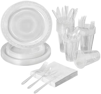 FULING 175 PCS Clear Party Supplies Disposable Dinnerware Set Plastic Plates and Paper Napkins Cups Silverware Serve 25 Sets for Birthday Bridal Shower Wedding Engagement Graduation Parties