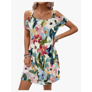 Womens Summer Dress Cold Shoulder Scoop Neck Short Sleeve Spaghetti Strap with O Ring Fashion Sundress with Pockets