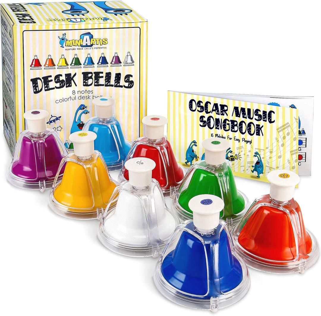 MINIARTIS Desk Bells for Kids | Educational Music Toys for Toddlers 8 Notes Colorful Hand Bells Set | Kids Musical Instrument with 15 Songbook | Great Birthday Gift for Children (Multicolored)