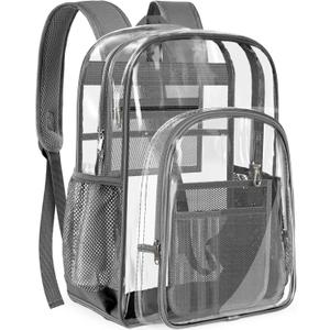 PAMANO Clear Backpack Transparent Heavy Duty School PVC Bookbag See Through Bag Boys and Girls for College Work Travel Security (Grey)