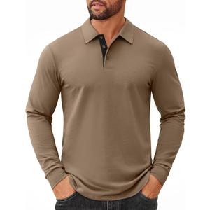 COOFANDY Mens Long Sleeve Polo Shirts Cotton Collared Shirts Casual Business Polo Classic Golf T Shirts (3X-Large, Khaki)