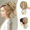 SOFEIYAN Claw Clip Messy Bun Hair Piece Curly Wavy Hair Bun Clip in Claw Chignon Ponytail Extensions Synthetic Tousled Updo with Tendrils Hairpieces Accessories Scrunchies for Women (CX-Light Ash Brown Mix Bleach Blonde)
