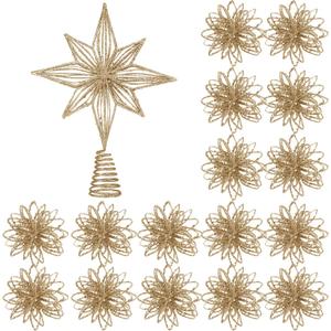 Barydat 17 Pcs Christmas Tree Decorations Set Glitter Star Christmas Tree Topper Metal Xmas Treetop with 16 Hanging Flower Christmas Balls Ornaments for Holiday Xmas Tree Party Decoration (Champagne)