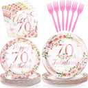 Grencian 96Pcs 70th Birthday Party Decorations for Women Rose Gold Floral 70th Fabulous Plates and Napkins Tableware Cheers to 70 Birthday Decorations for 70 Years Old Birthday Party Favors Serves 24