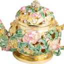 QIFU Hand Painted Teapot Style Enameled Trinket Box Hinged Unique Gift for Home Decor  (Gold Green)