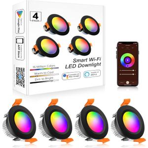 YGS-Tech Smart 2 Inch Recessed Lighting, WiFi LED Downlight 5W 120V, Compatible with Alexa and Google Home, Dimmable RGB & CCT 2700-6500K, Black Trim, LED Ceiling Light with Driver (4 Pack)