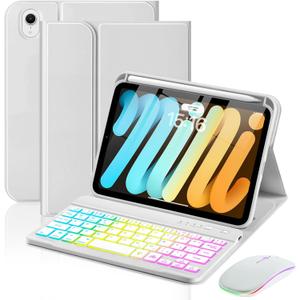 EAMPANG Case with Keyboard Mouse for iPad mini 7th(A17 Pro,2024)/6th Generation 8.3 inch,7 Color Rainbow Backlight Detachable USB-C Keyboard Magnetic Case with Pen Slot for iPad mini 6 7 Grey