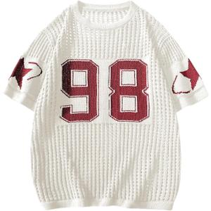 BEAUDRM Women's Y2K Jersey Shirts Oversized Number Crochet Hollow Out Jersey Tee Sweater Crew Neck Short Sleeve Knit T Shirts White and Red Large