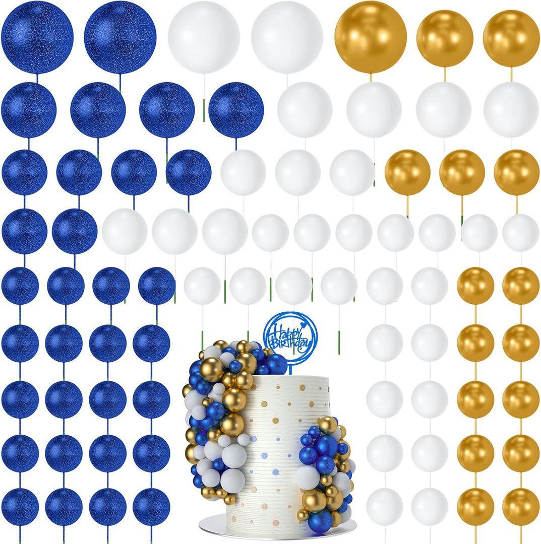 NACHLYNN 80 Pcs Cake Balls Decorations Mini Balloon Cake Topper Balls Foam Cupcake Toppers Balls for Cake Decorating Birthday Parties Weddings Anniversary (Glitter Blue Gold White)