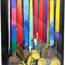Medal Hanger Display Case, Dust-Proof 22"x15" Wall Mount medal holder with 3 Hanging Rods & Trophy Shelf, Holds 60+ Medals, HD Tempered Glass, Solid Wood, for gymanstics,race,soccer,swim