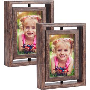 EXYGLO 2 Pack 4X6 Picture Frames Rotating Floating Photo Frame Wooden 2 Sided Frames for Vertical or Horizontal Tabletop Display (4x6 inch, Light Brown)