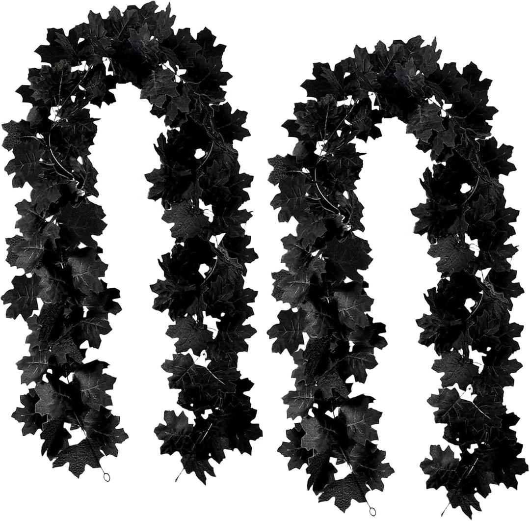 Joyhalo 2 Pack Halloween Garland, 5.7FT Black Leaf Garland for Mantle, Artificial Hanging Black Maple Leaves Vines, Spooky Halloween Outdoor Floral, Haunted Mansion, Fireplace, Fall Decor