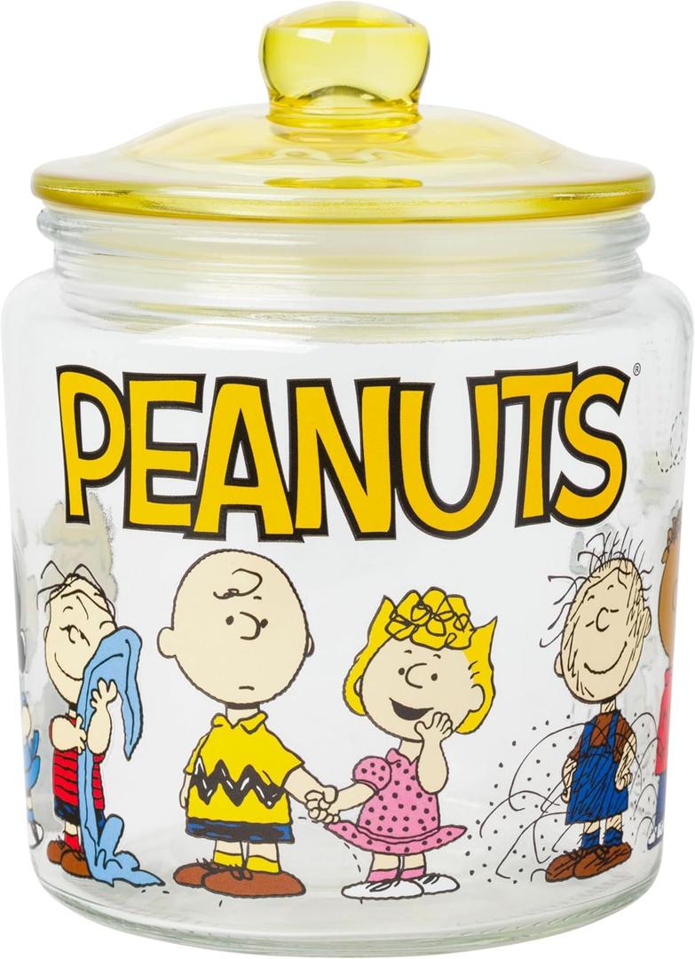 Silver Buffalo Peanuts Squad Featuring Charlie Brown, Snoopy, Schroeder, Lucy, Linus, Sally, Pigpen, Woodstock, and Franklin Glass Cookie Snack Candy Jar with Lid (Small)