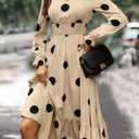 Women's Autumn Dress Long-Sleeved v-Neck Cinched Waist Elegant Large Polka Dot Long Dresses (Beige, M)
