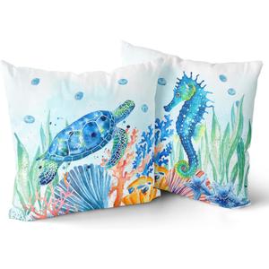 Giwawa Coastal Ocean Pillow Covers Set of 2, Sea Turtles Seahorse Decorative Throw Pillow Cases 16"x16", Watercolor Marine Animals Double Sided Square Cushion Covers for Sofa Couch Bed Car