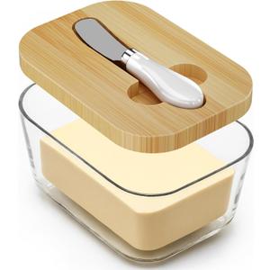 XCC Large Glass Butter Dish with Lid, Upgraded the Capacity to Holds 1lb of Butter, Butter Keeper with Knife for countertop and High-quality Silicone Seal, (Acacia Wood Lid new) (transparent)