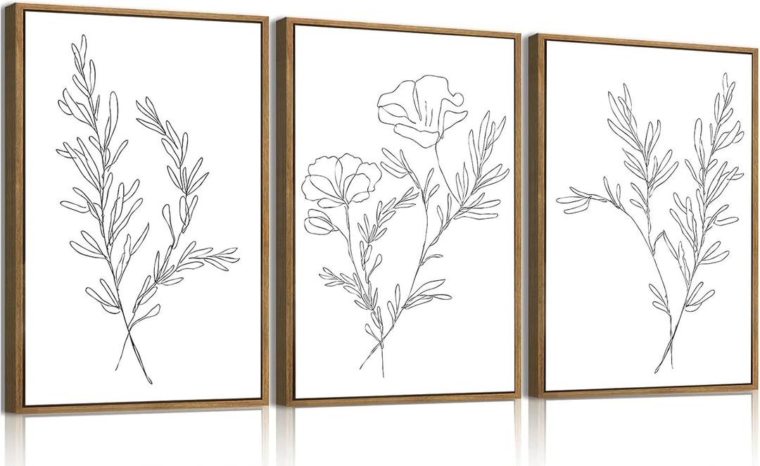 KISSFOX 3 Piece Framed Wall Art Botanical Wall Decor Floral Pictures Wildflower Canvas Art Black White Line Paintings Minimalist Boho Artwork For Bedroom Living Room Bathroom, 16x24 In Natural Framed