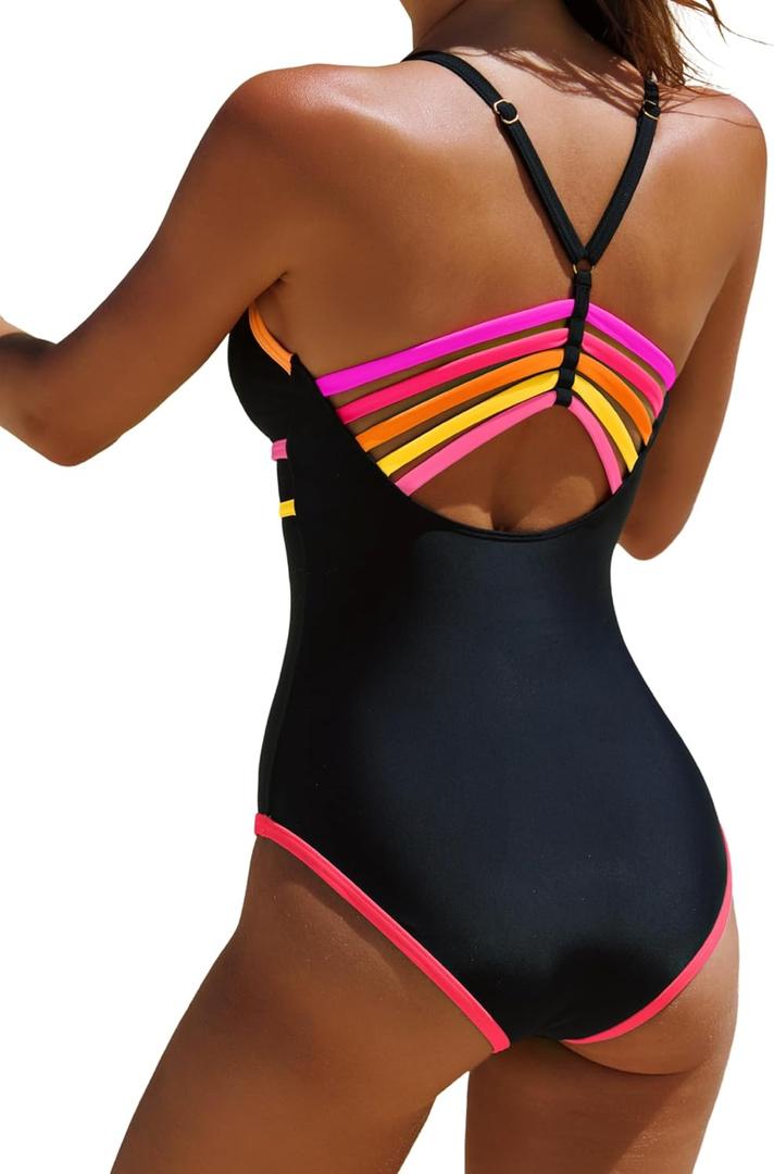 popvil Women One Piece Swimsuit 2026 Sexy Neon Color Block Bathing Suit for Women Back Strappy Low Back Slimming Swimwear Large