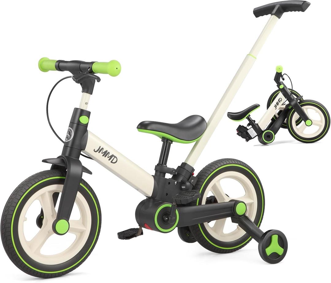 JMMD 6 in 1 Toddler Bike with Push Handle for Kids 18-60 Months, 12" Foldable Balance Bike with Training Wheels, Pedals, Brakes, Kickstand, Push Tricycle Toddler Gift & Toys for Boy & Girl