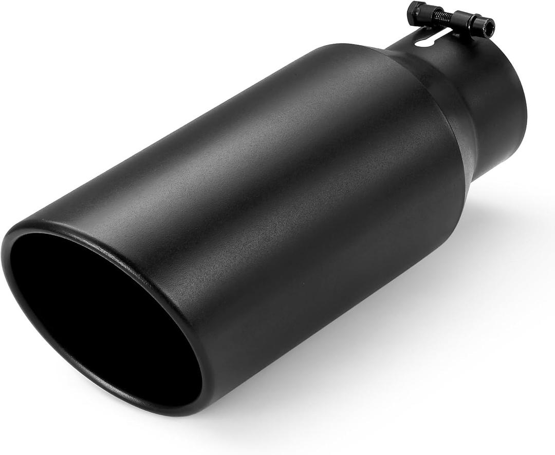 Exhaust Tip 4" Inlet 6" Outlet 12" Long, High Performance Stainless Steel, Peel-Resistant Black Powder Coated, Rolled Angle Cut, Bolt-On Diesel Tail Pipe, Universal for Car Truck