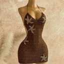 RoseSeek Women's Boho Sequin Mini Dress Halter Tie Back V Neck Bodycon Dresses Sparkle Dress Coffee Brown X-Large (Brown, XL)