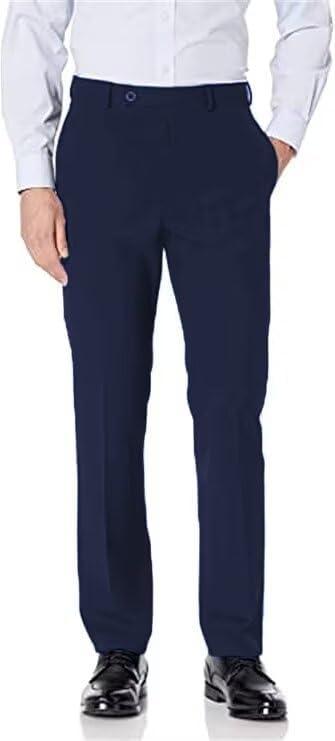 Bofan Mens Suit Pants Expandable-Waist Flat Front Straight Fit Suit Trousers for Men (Small, Navy Blue)