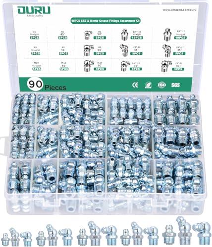 OURU Grease Fittings Assortment, 90PCS SAE & Metric Zerk Grease Fittings NPT 1/4" 1/8" M6 M8 M10, Straight 45 90 Degree Grease Nipple for Grease Gun