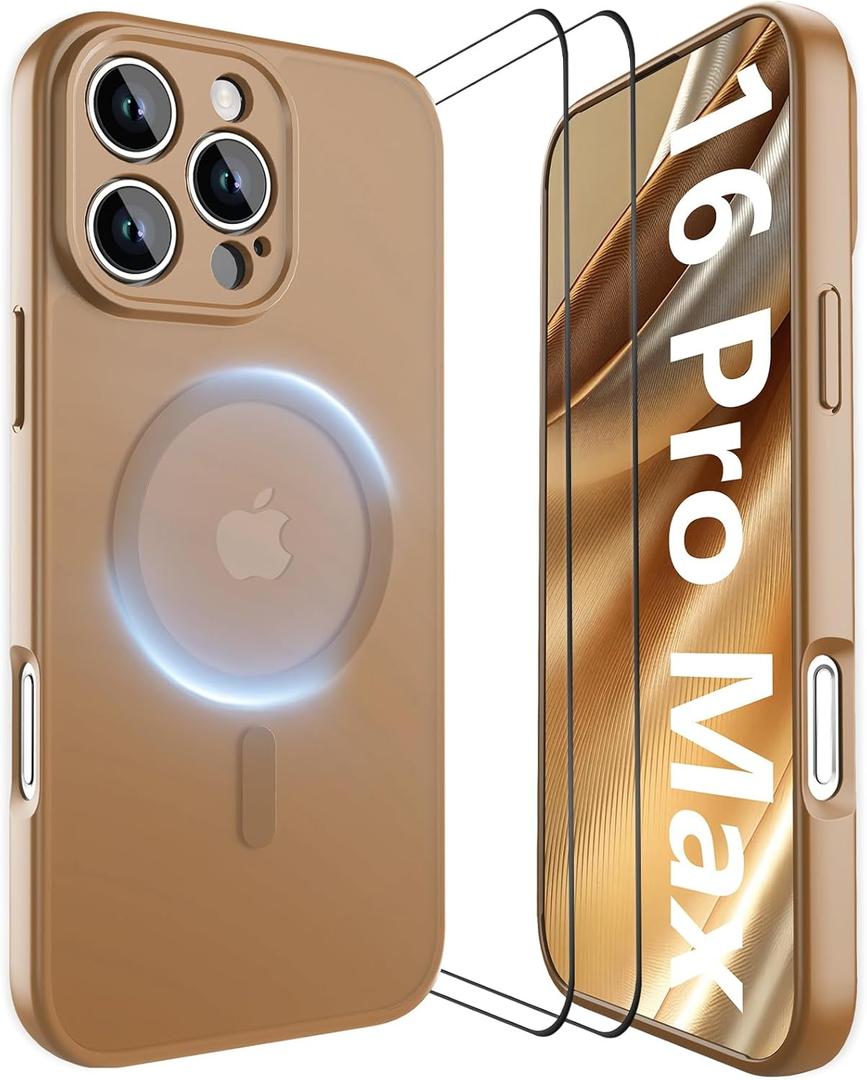 YFEMLAZ Magnetic for iPhone 16 Pro Max Case,with Screen Protectors X2,Full Camera Protection,Compatible with MagSafe,Translucent Matte,Anti-FingerprintShockproof Protective Phone Case,6.9",Brown