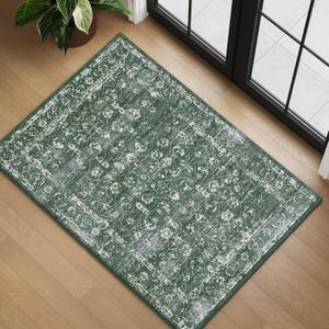 3x5 Washable Area Rug for Entryway, Neutral Boho Small Rugs for Bedroom Beside Rug, Laundry Room, Non Slip Low Pile Retro Ultra Soft Faux Wool Carpet, Dark Green