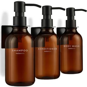 Shampoo and Conditioner Dispenser Wall Mounted Set of 3 Amber Black - No Drill Shower Soap Dispenser for Bathroom Refillable - Spa Hotel Style Accessories by MaisoNovo