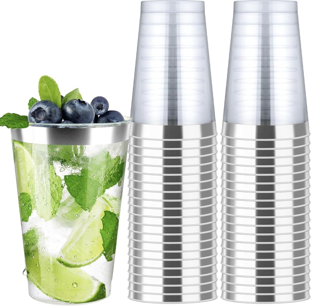 200 Pack 12oz Silver Plastic Cups with Rimmed Edges - Disposable, Recyclable, BPA Free, Food Safe, Modern Style, Perfect for Parties, Weddings, Birthdays, Festivals, 12oz Capacity Each