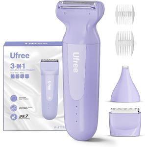 Ufree 3-in-1 Women's Electric Razor with Ceramic Blades, IPX7 Waterproof Bikini Trimmer for Women, Pubic Hair Trimmer, Cordless Rechargeable Shaver for Legs, Armpit, Valentine's Gifts for Women