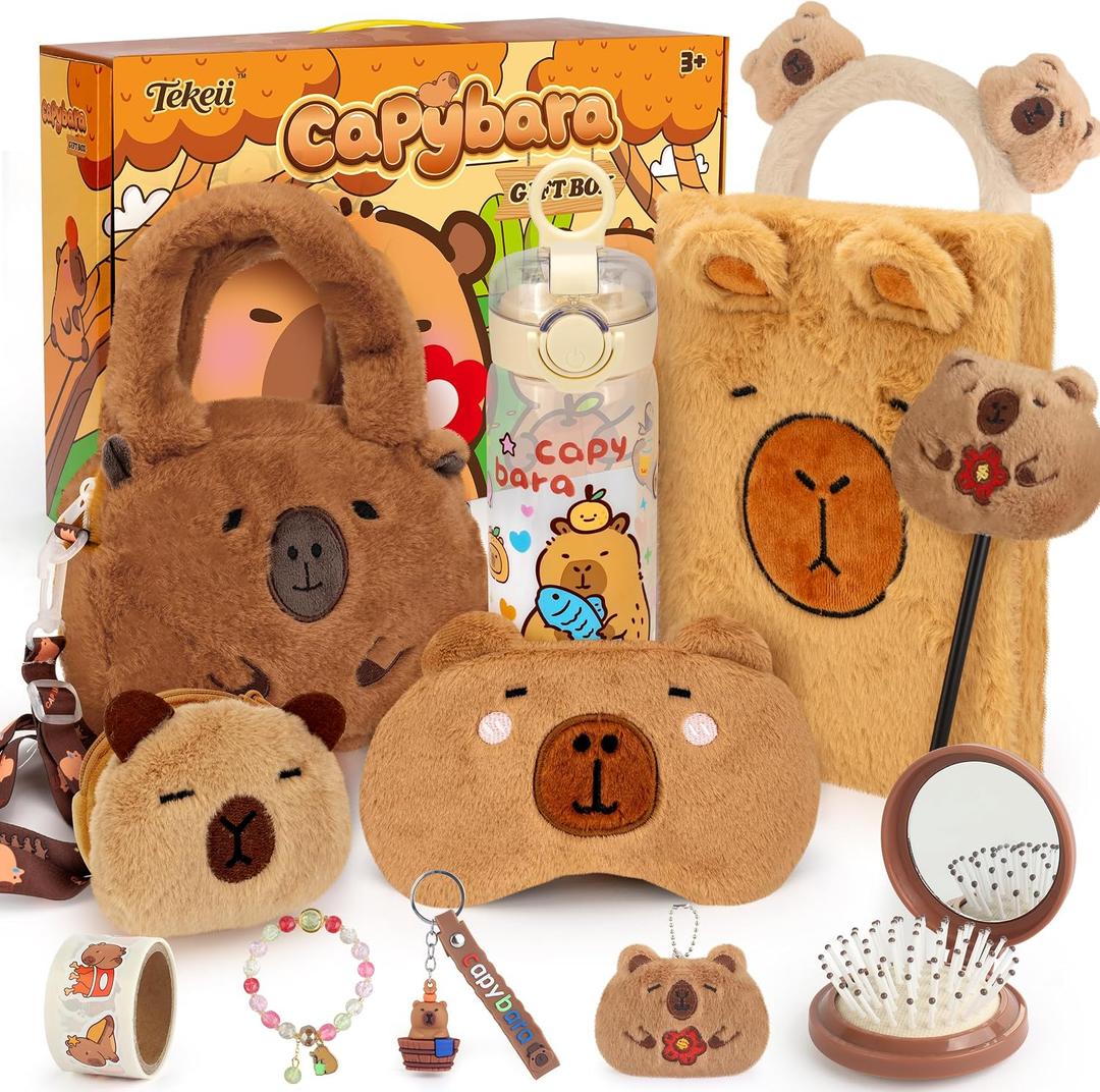 Capybara Gifts Box, Cute Capybara Toy for Girls Kids for Back to School, Birthday, of Shoulder Bag, Coin Purch, Water Bottle, Keychain, Plush Notebook, Eye Mask, Bracelet, Pocket Comb