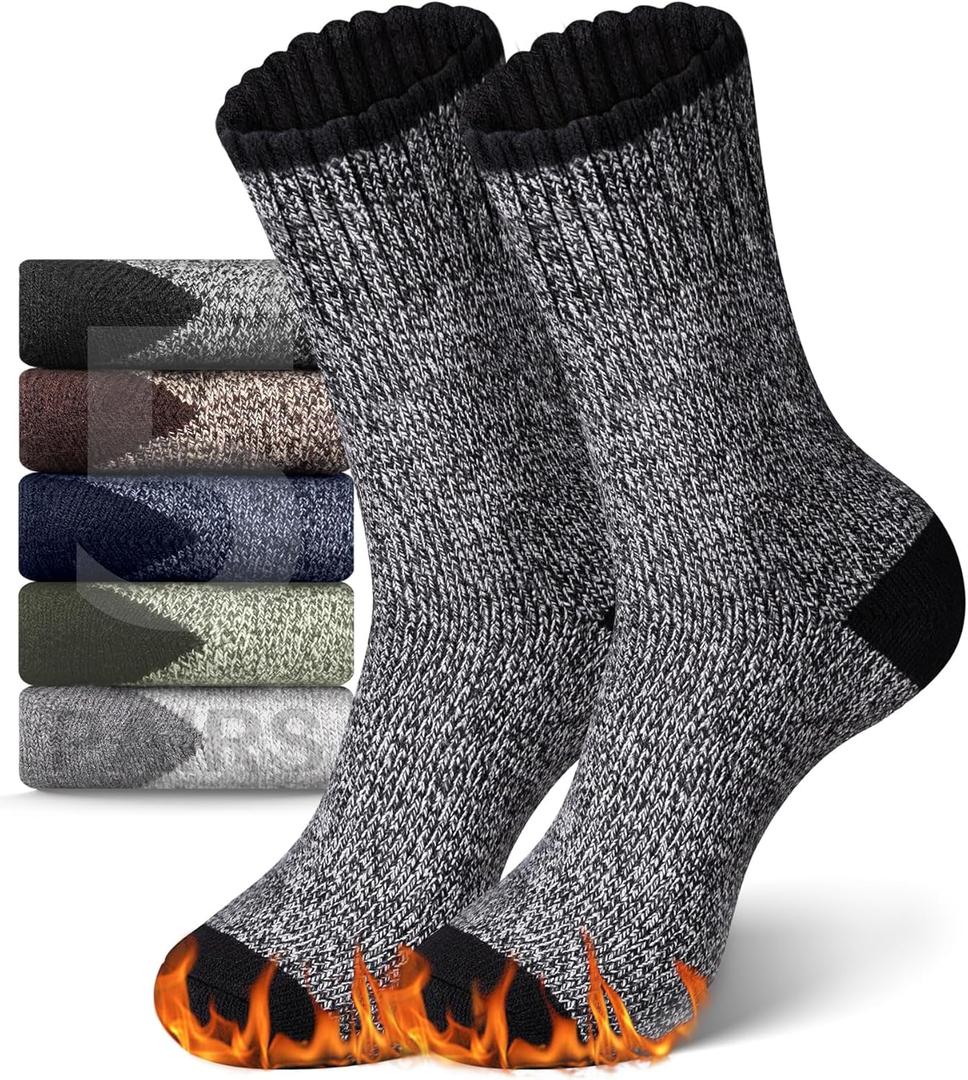 sellto 5 Pairs Merino Wool Socks for Men, Thick Warm Hiking Socks, Wool Winter Socks, Soft Mens Crew Sock