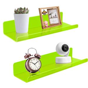 ROYALITA Small Acrylic Shelves Wall Mounted | Set of 2 | 12 Inches | Wall Hanging Plant Display Shelves, Room Decor Floating Wall Shelves for Gaming Room Bedroom, Living Room, Office, Green