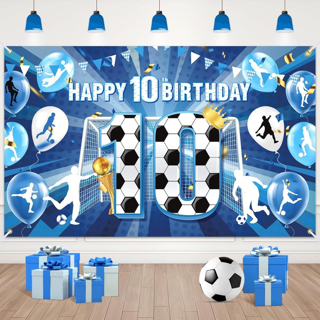 Soccer 10th Birthday Banner Decorations for Boys Blue Soccer Happy 10th Birthday Banner Large Sports Themed Soccer Ball Party Backdrop for Girls Teens Football 10th Birthday Anniversary Party Supplies