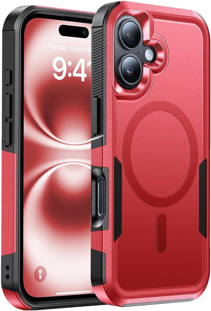 Magnetic for iPhone 16 Case Military-Grade Shockproof, Rugged Phone Case, Heavy Duty Protection [Fit for MagSafe] Anti-Fingerprint Anti-Scratch for iPhone 16 Phone Case 6.1, Red