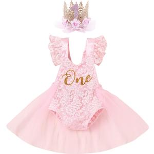 IBTOM CASTLE Baby Girl 1st Birthday Outfit Boho One Ruffle Lace Romper Princess Tutu Backless Dress Photoshoot Party Clothes (9-12 Months, Pink+crown)