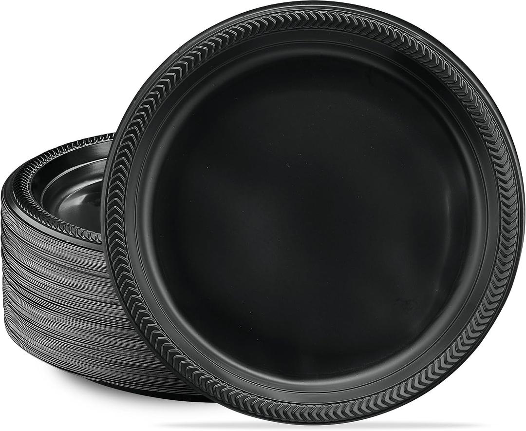 PLASTICPRO 200 PCS Black Plastic Plates Light Weight 10'' Inch Plastic Dinner Plates Black Plates Disposable for Party and Wedding