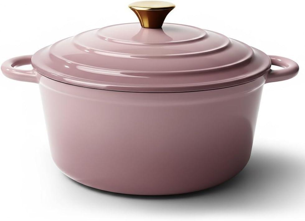 Vintage Style 6 Quart Dutch Oven Pot with Lid, Non Stick Enameled Cast Iron Dutch Oven for Bread Baking, Heavy-Duty, Oven Safe Ceramic Cookware Up to 500F for Baking, Braising, Stews, Roasting, Pink