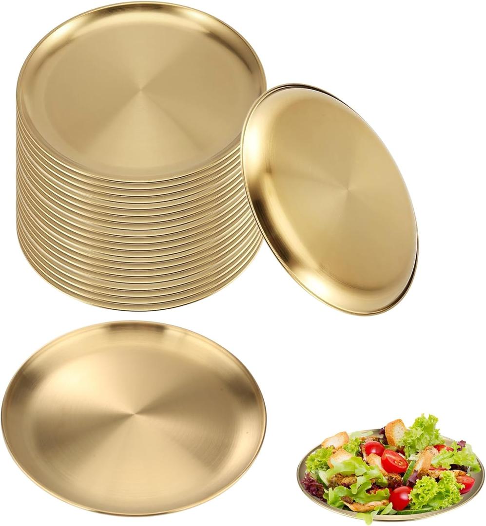 MOSIOBERDAVIAN 22 Pcs Stainless Steel Gold Plates 6.5 Inch Gold Dinner Plates Metal Serving Tray Dessert Dishes for Cakes BBQ, Salad, Snack, Desserts, Food Serving, Dips, Side Dishes Outdoor Camping