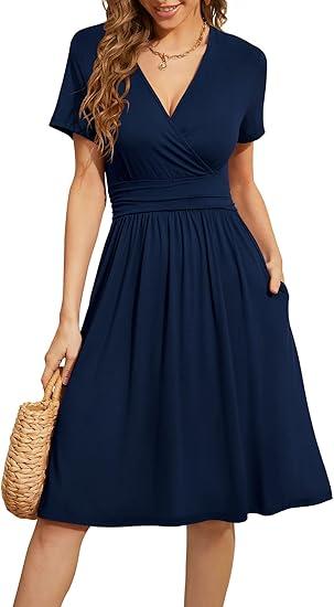 WEACZZY Women's Summer Short Sleeve Casual Dresses V-Neck with Pockets, Navy Blue,XL 
